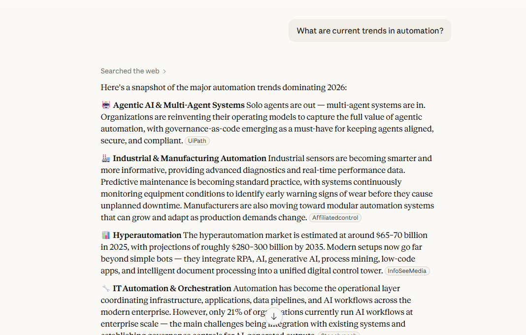 A Claude messaging chat asking about current automation trends. 