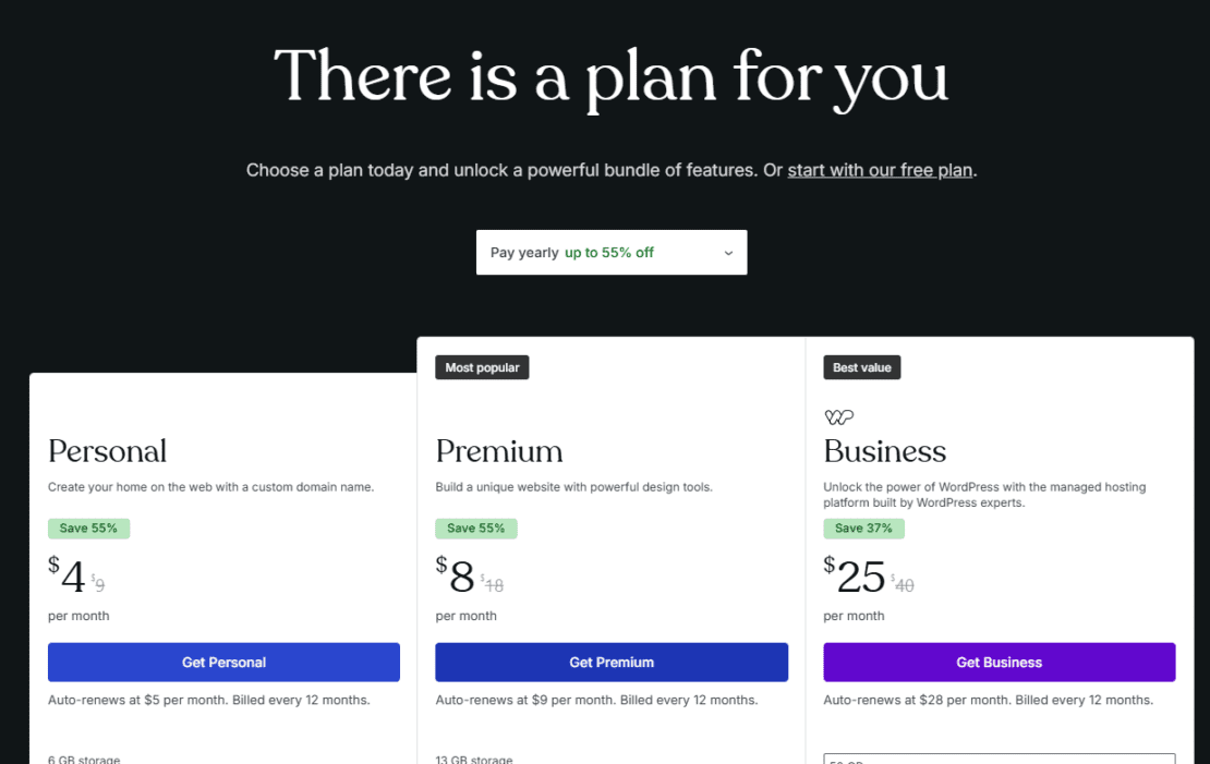 A screenshot from wordpress.com showing $4 per month up to $25 per month for business plans