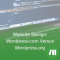 A laptop with coding on the screen. The text "Website design: wordpress.com versus wordpress.org" is overlayed