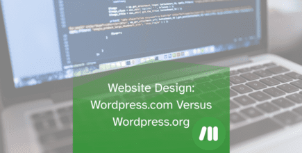 A laptop with coding on the screen. The text "Website design: wordpress.com versus wordpress.org" is overlayed