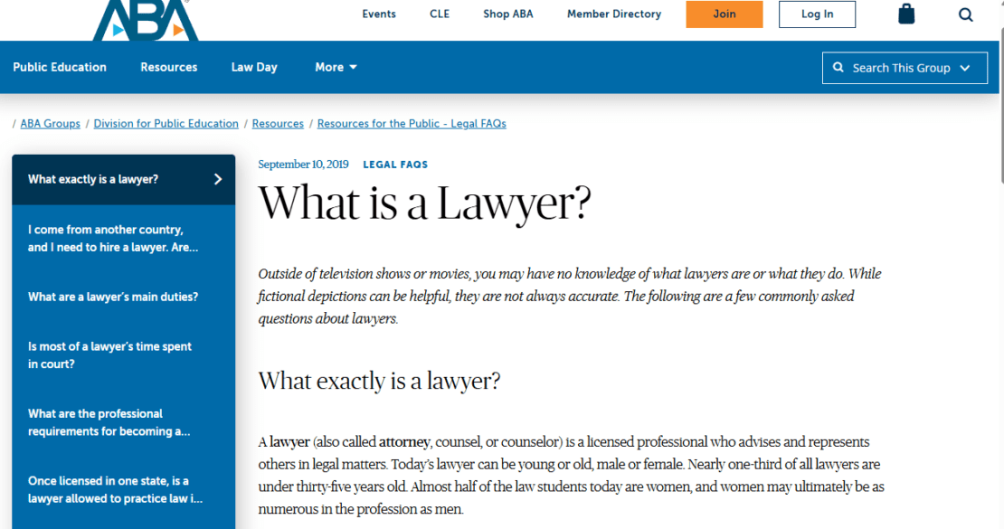 A snippet from the American Bar Association, mentioning that a lawyer is also called an attorney